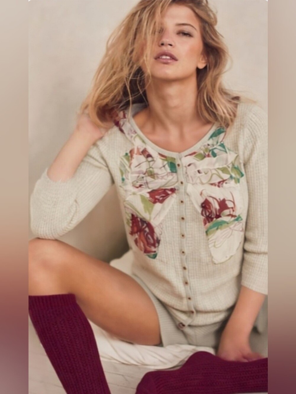 Anthropologie Guinevere Cream Floral-Accent Button-Down Knit Top